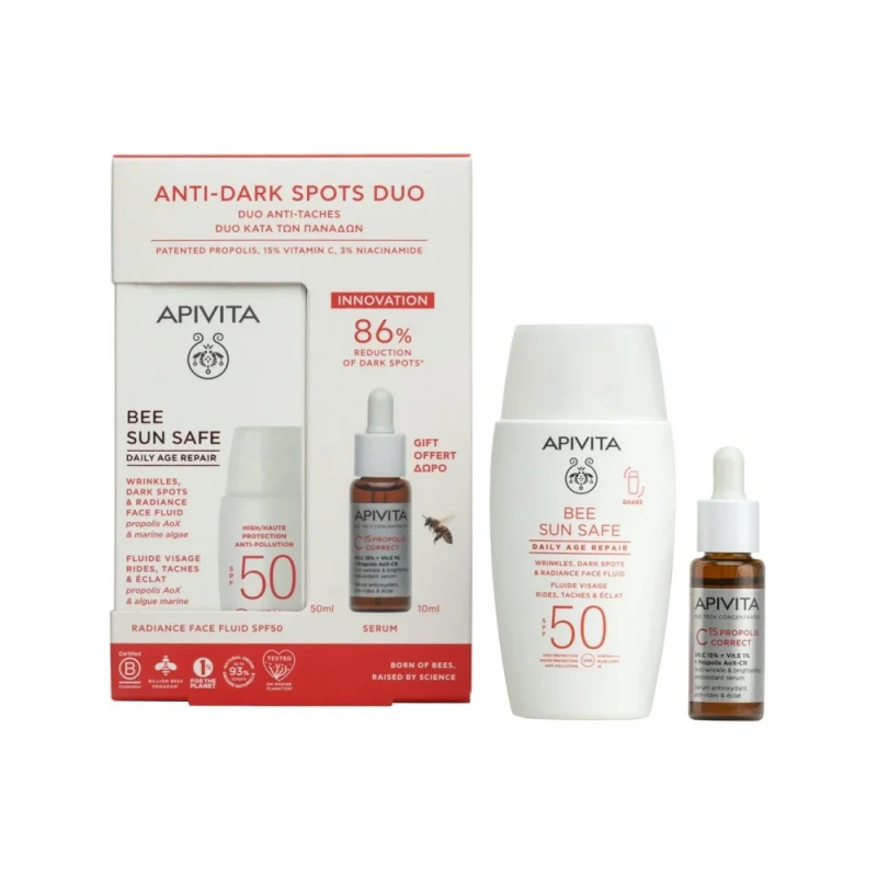 Apivita Promo Anti-Dark Spots Duo Bee Sun Safe Daily Age Repair Λεπτόρευστη Κρέμα Προσώπου κατά των Πανάδων και Ρυτίδων με SPF50, 50ml & Δώρο C15 Propolis Correct Serum Αντιρυτιδικός και Αντιοξειδωτικός Ορός Λάμψης, 10ml, 1σετ