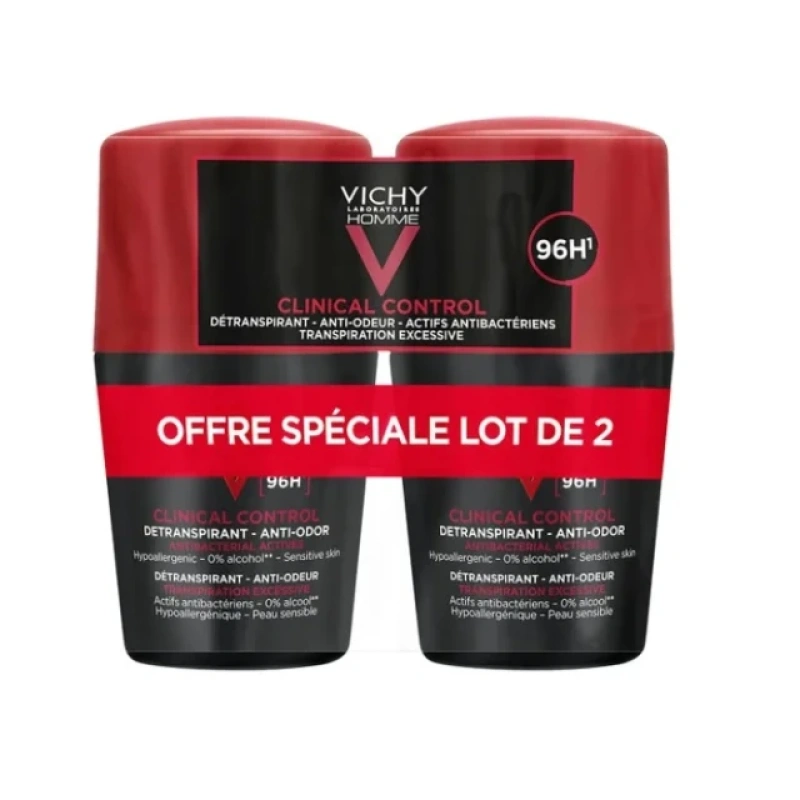 Vichy Homme Clinical Control 96h Roll-on Ανδρικό Αποσμητικό για Ευαίσθητες Επιδερμίδες Promo -50% στο 2ο Προϊόν, 2x50ml