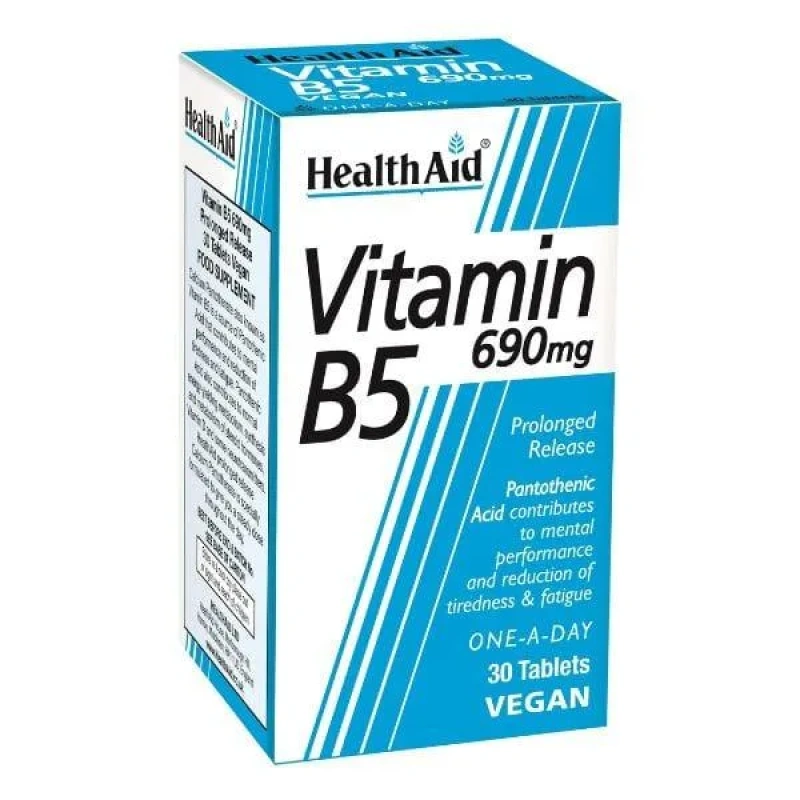 Η Vitamin B5 της HealthAid είναι με τη μορφή Παντοθενικού ασβεστίου, σε ταμπλέτες βραδείας αποδέσμευσης, ώστε ν’ αποδίδει σταθερή ποσότητα κατά τη διάρκεια της ημέρας.